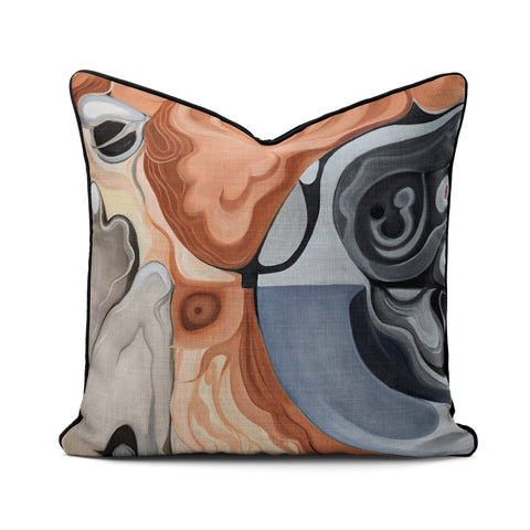 Interior Drift Object II contemporary textile cushion with colorful abstract design on neutral sofa