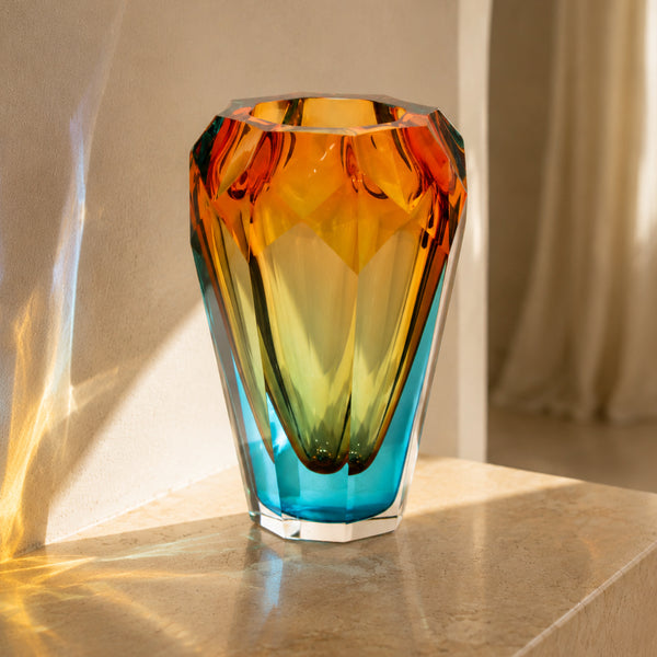 Collected Vessel No. 01, Amber & Turquoise faceted crystal vessel in daylight — 2