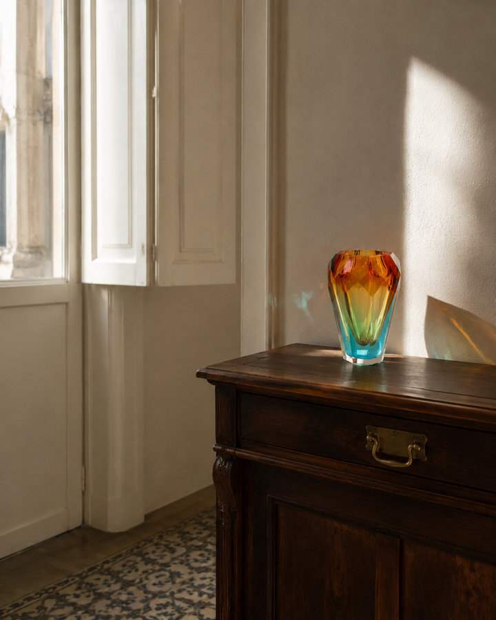 Collected Vessel No. 01, Amber & Turquoise on a stone mantel, colour in the light