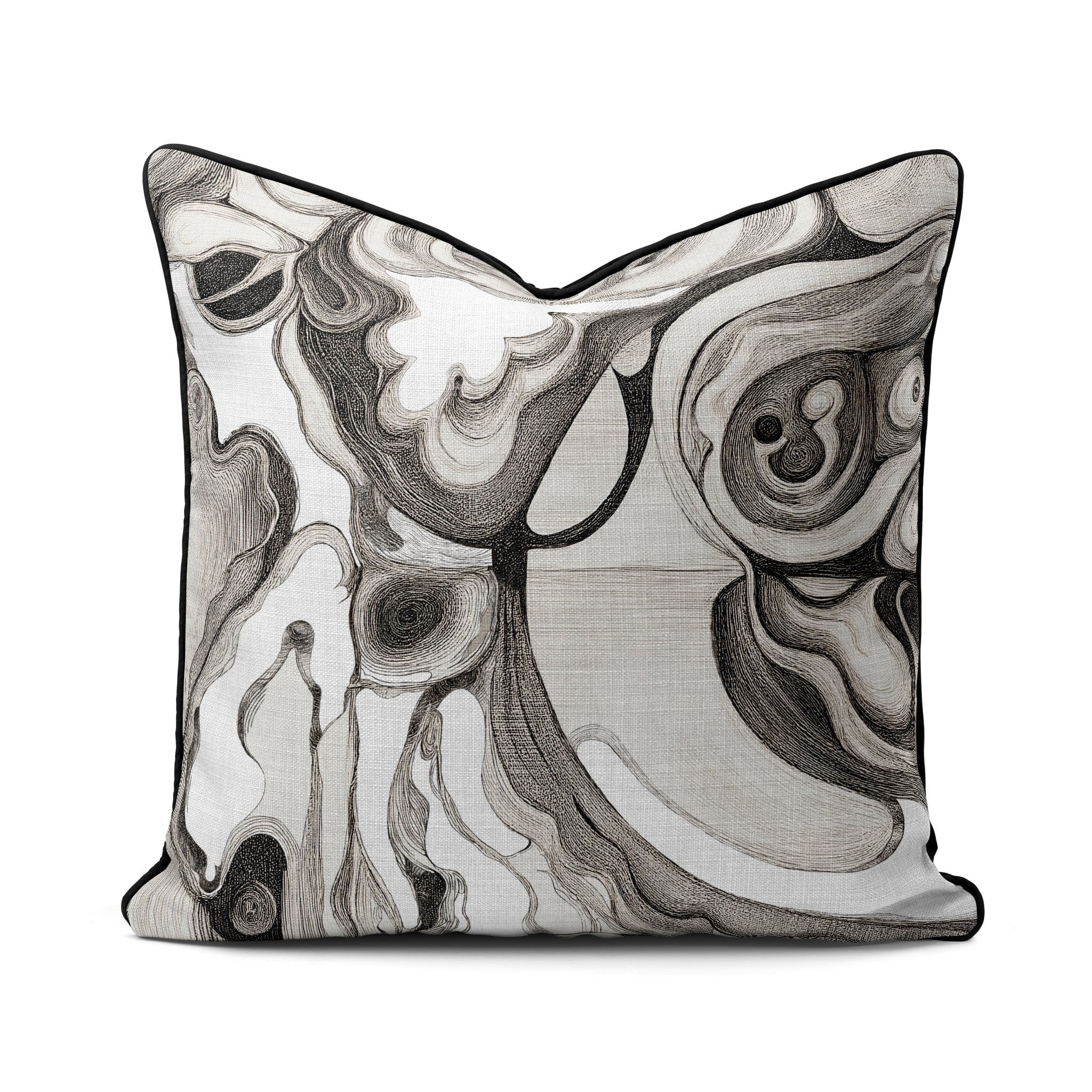 Interior Drift Object I contemporary textile cushion with monochrome abstract design on neutral sofa
