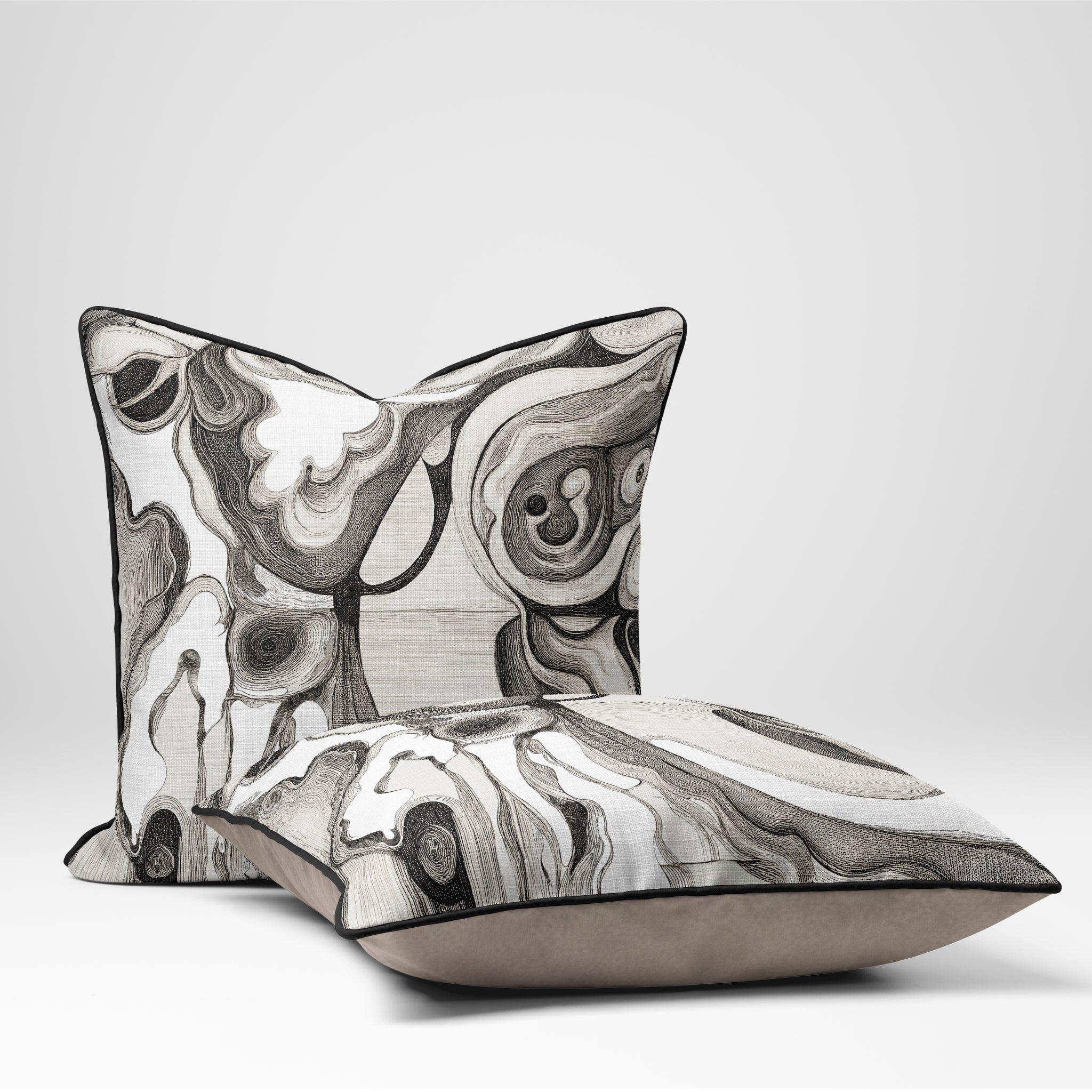 Interior Drift Object I monochrome abstract art cushion in contemporary interior setting
